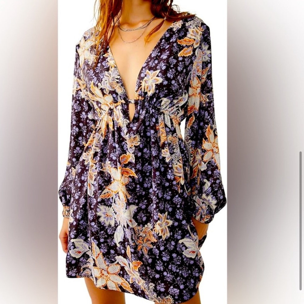 Free People Boho Purple Low Back Mini Dress Flowy Detailed NWT Size XS